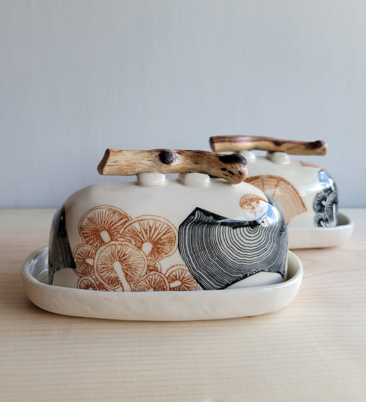 Porcelain Butter Dish with Tree Slices and Mushrooms