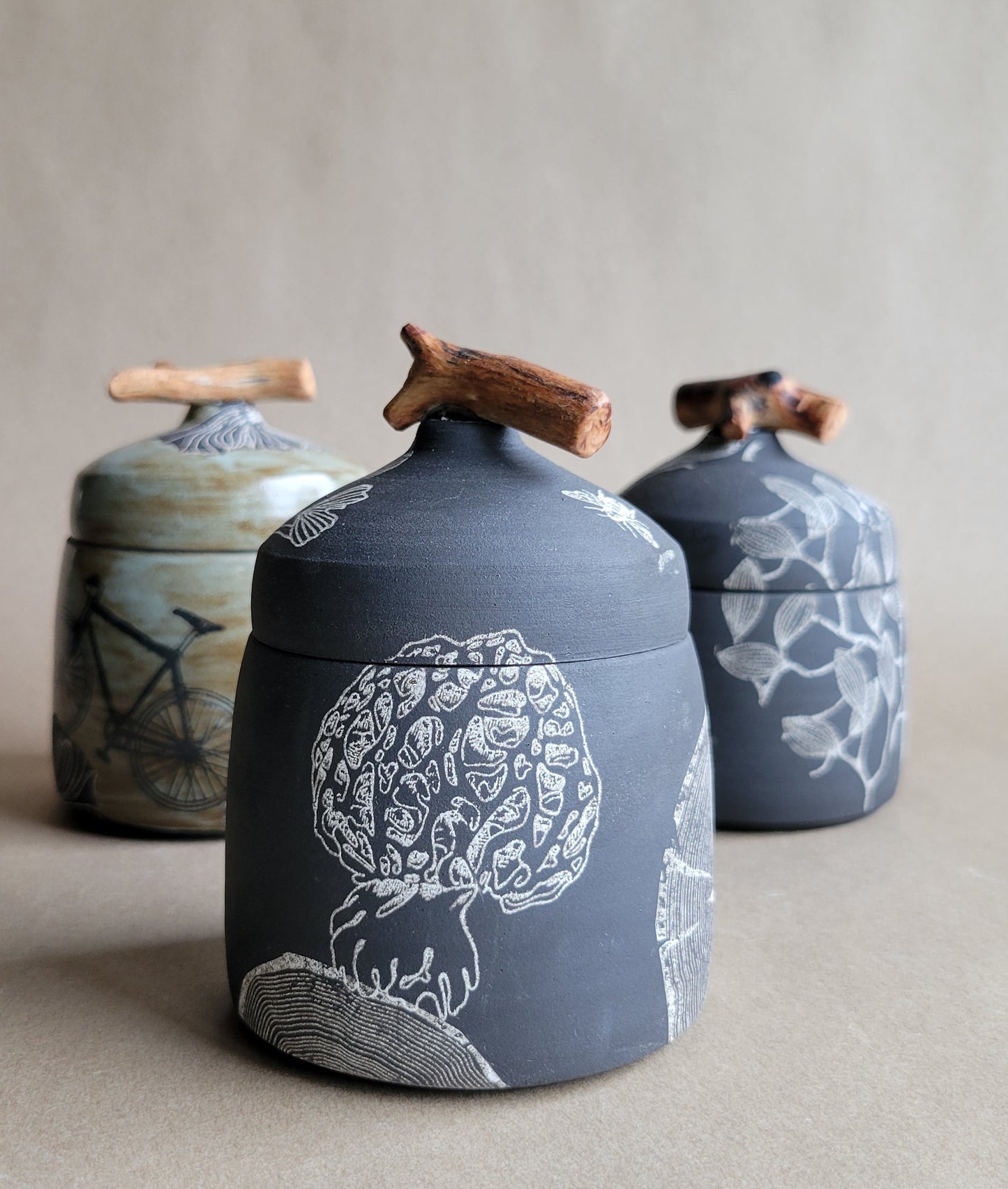 Black Clay Treasure Box Mushrooms/Gingkos