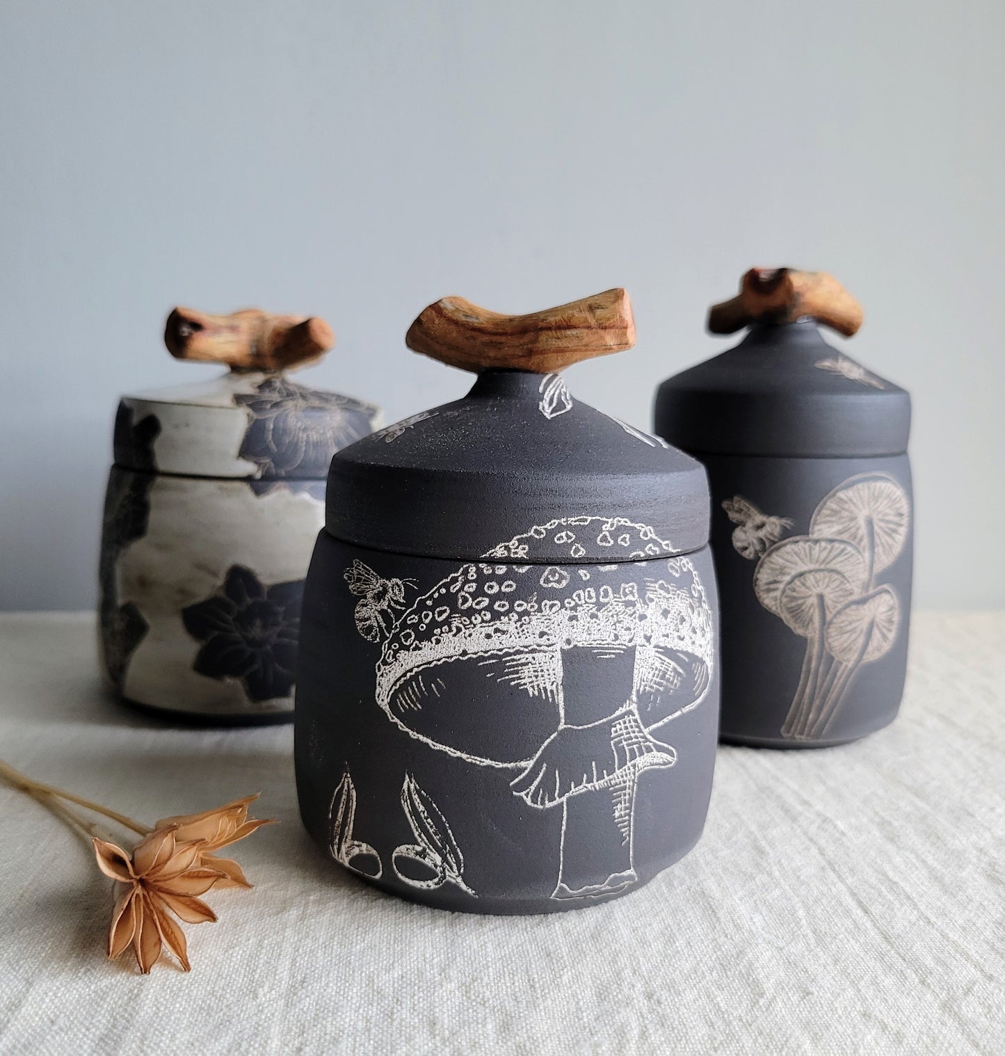 Black Clay Treasure Box Olive Branches and Mushrooms
