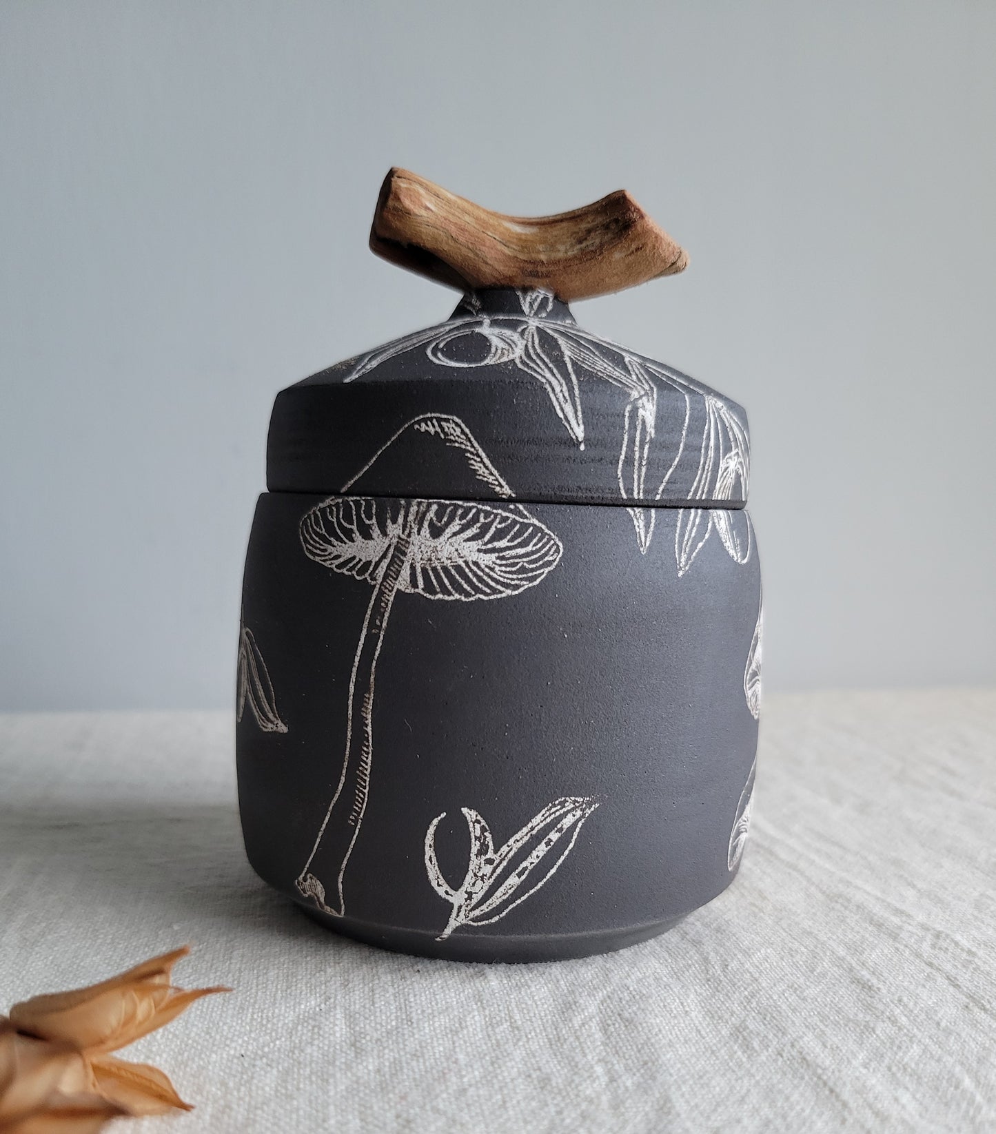 Black Clay Treasure Box Olive Branches and Mushrooms