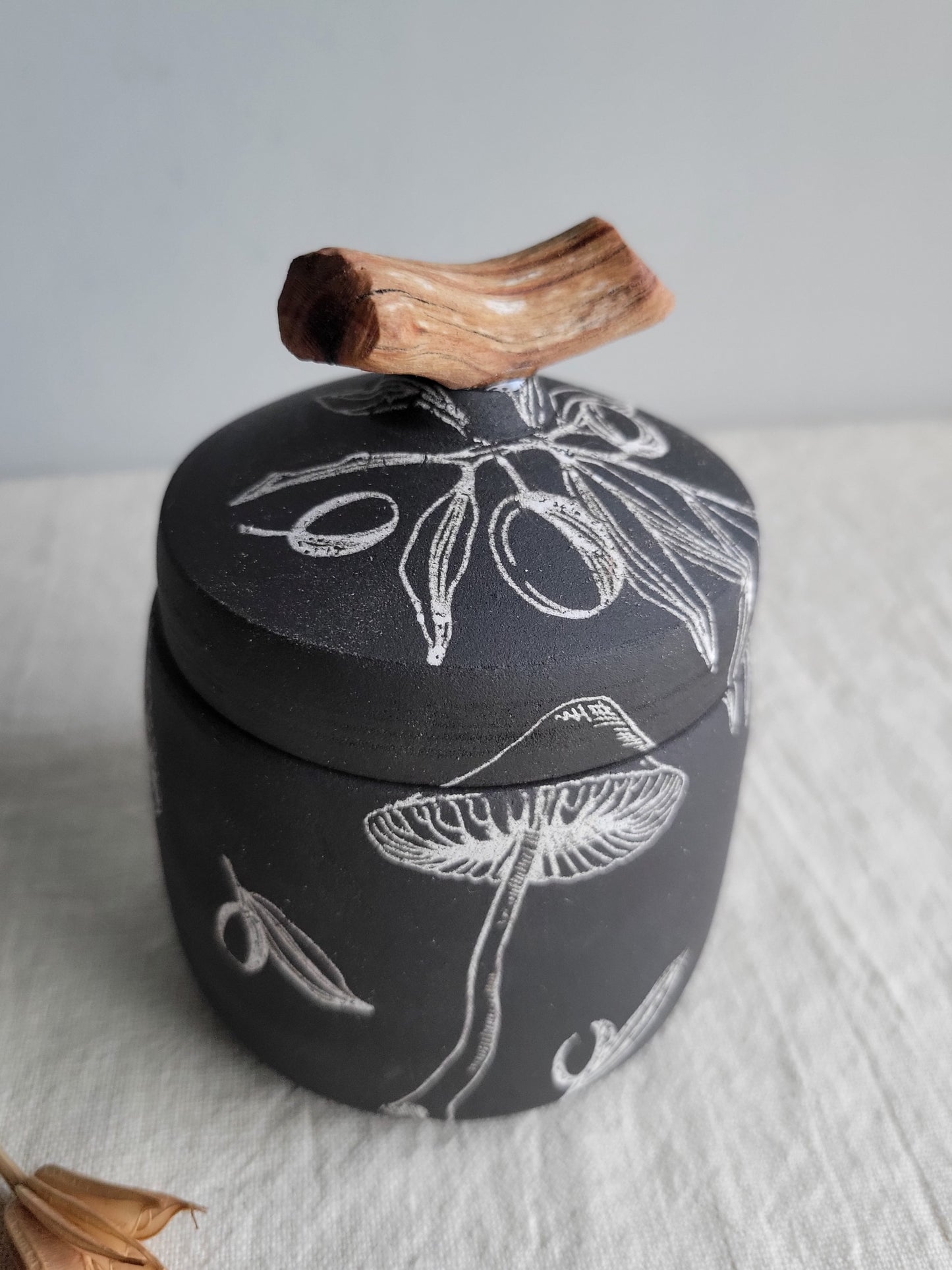 Black Clay Treasure Box Olive Branches and Mushrooms
