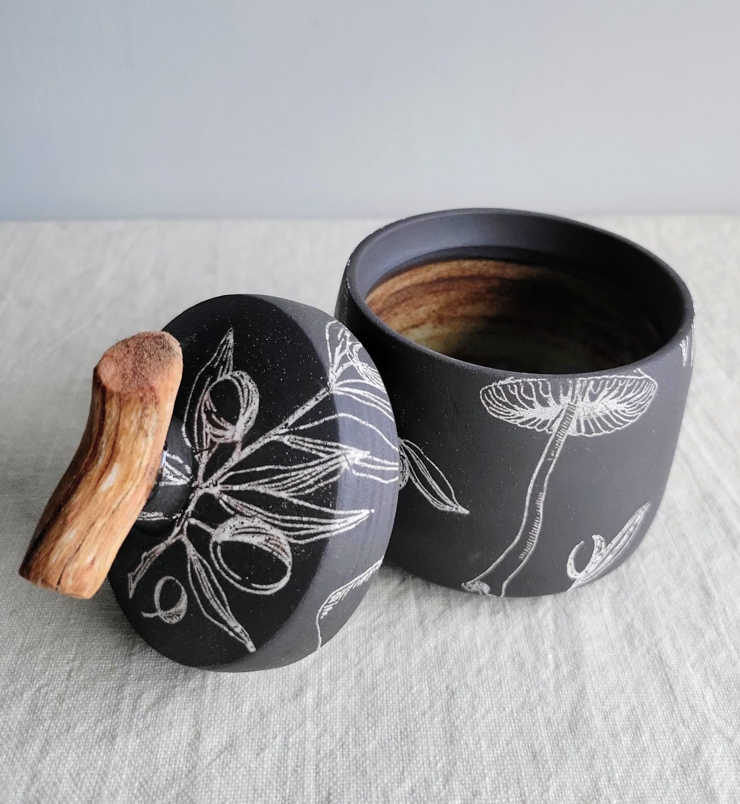 Black Clay Treasure Box Olive Branches and Mushrooms