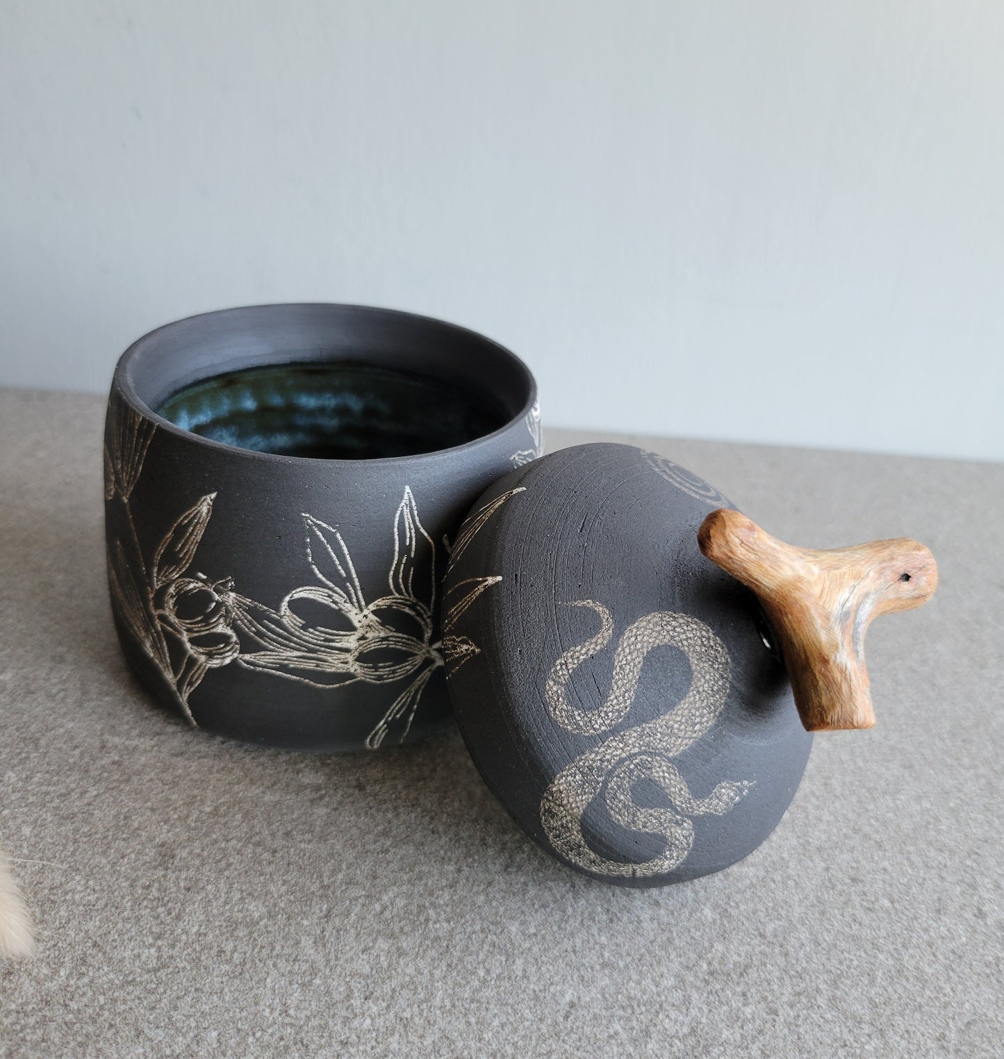 Black Clay Treasure Box Olive Branches and Snakes