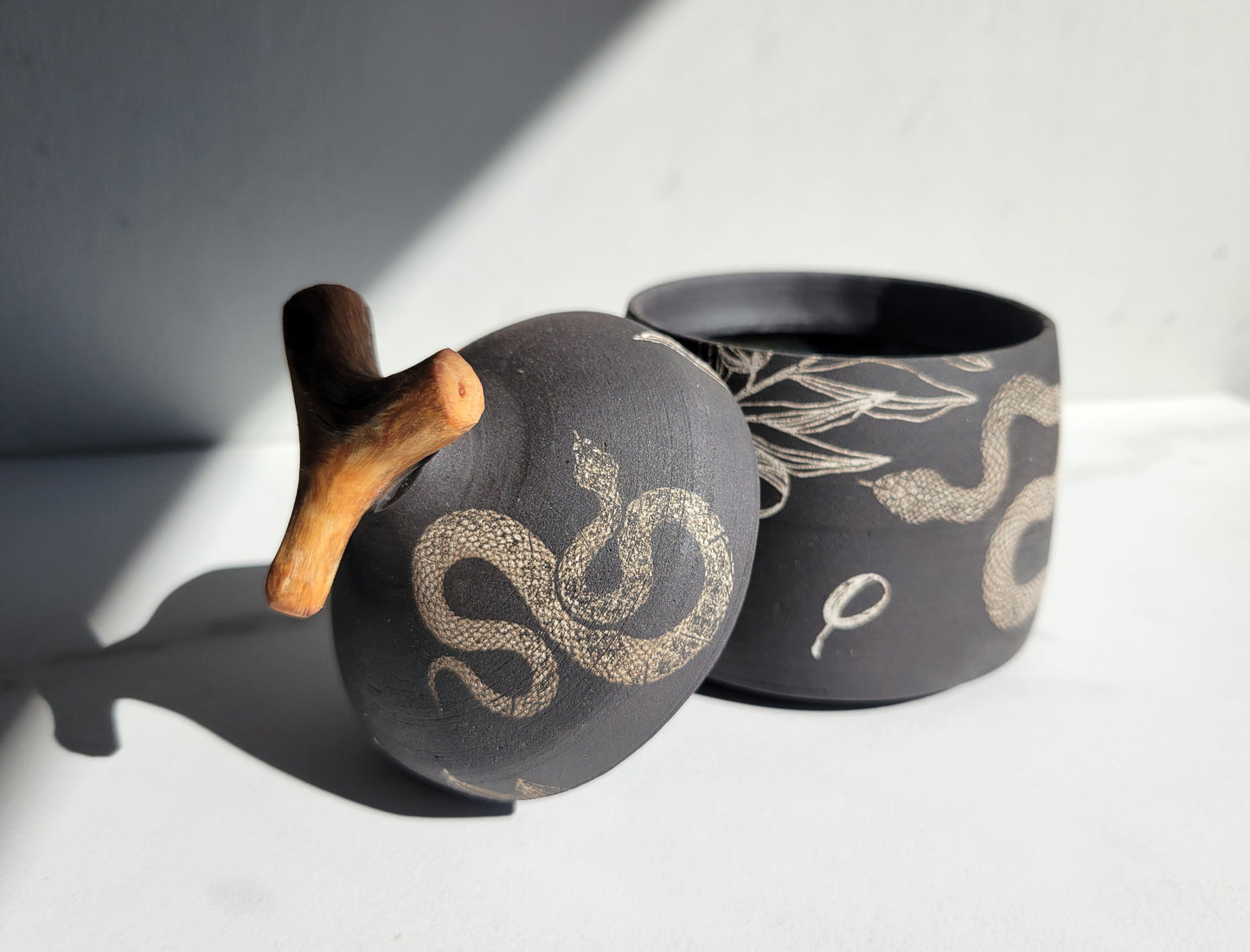 Black Clay Treasure Box Olive Branches and Snakes