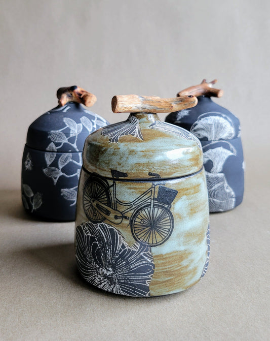Black Clay Treasure Box Bikes and Hibiscus