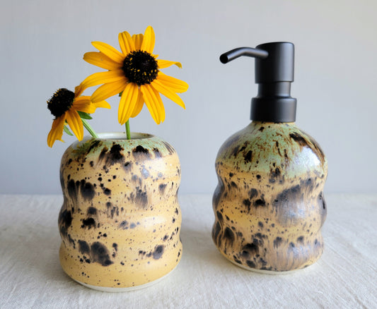 Soap Dispenser and Bud Vase in Sandstone