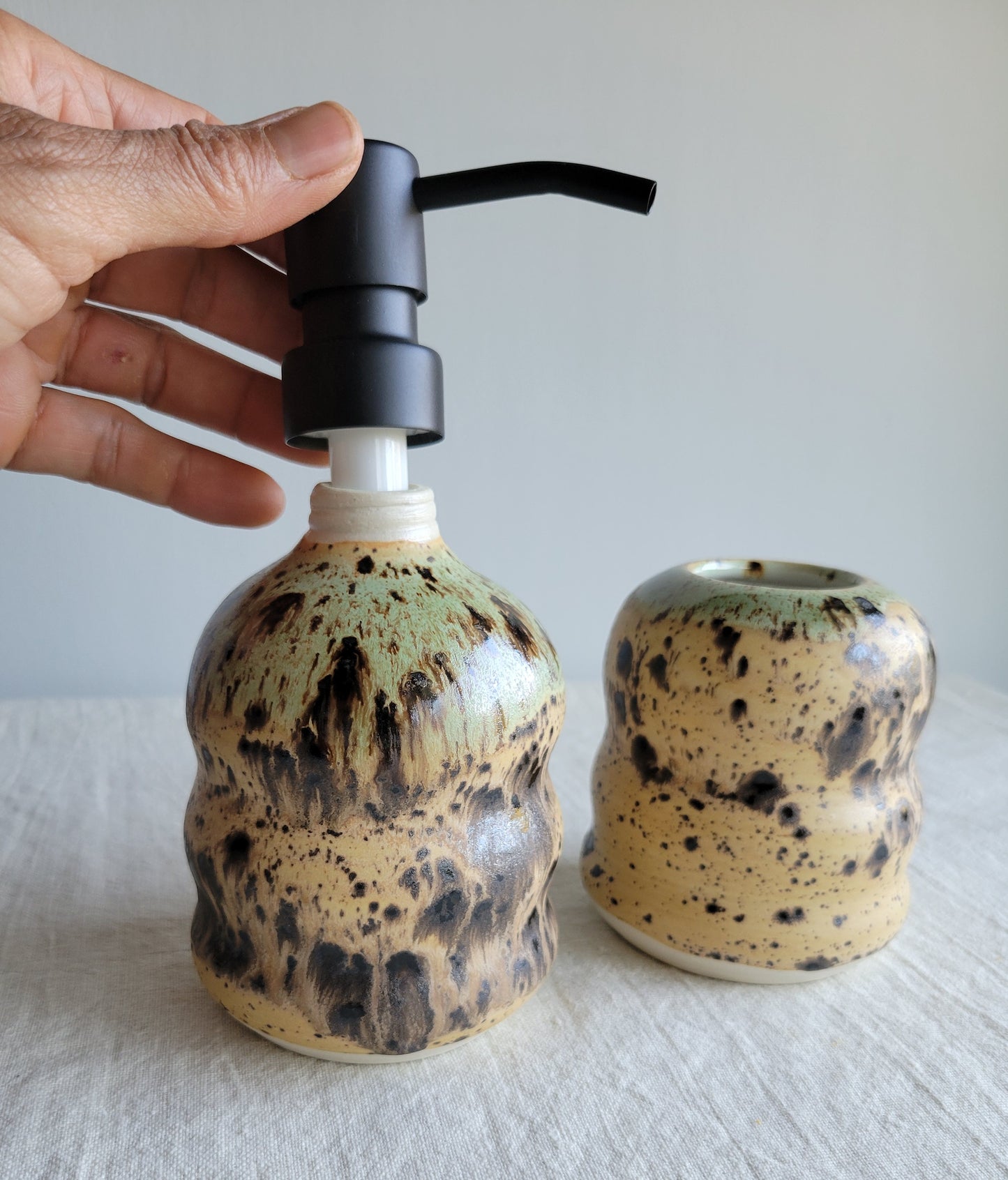 Soap Dispenser and Bud Vase in Sandstone