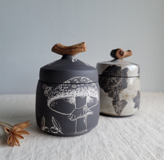 Black Clay Treasure Box Olive Branches and Mushrooms